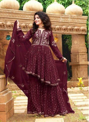 Maroon Color Georgette Embroidered Sharara Suit