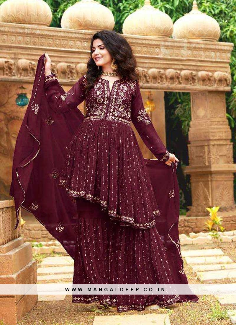 Soft Premium Net Wedding wear Readymade plazo in Maroon with Embroidery &  Stone work - Gown