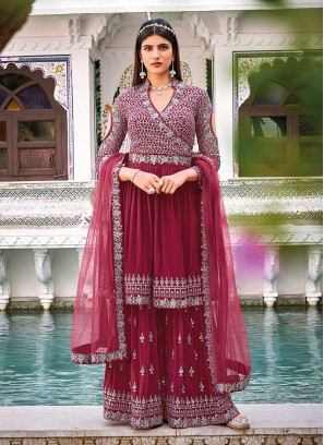 Maroon Color Georgette Embroidered Sharara Suit