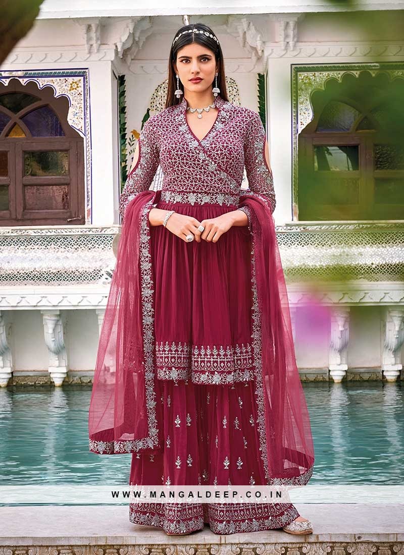 Maroon Color Georgette Embroidered Sharara Suit