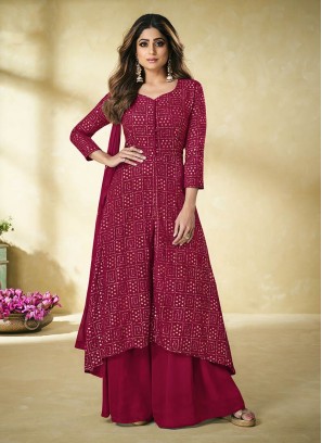 Maroon Color Georgette Sequins Embroidered Plazzo Suit
