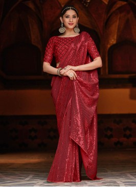 Maroon Color Georgette Sequins Embroidered Saree