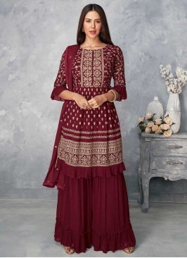 Maroon Color Georgette Sequins Work Sharara Suit