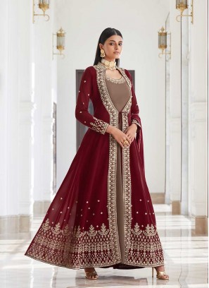 Maroon Color Georgette Top With Long Jacket