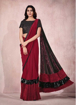 Maroon Color Lycra Ready To Wear Saree