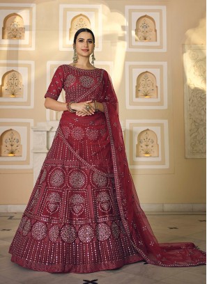 Maroon Color Mirror Embroidered Net Lehenga