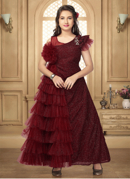 Maroon color Net Fabric Girls Gown