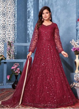 Maroon Color Net Floor Length Suit