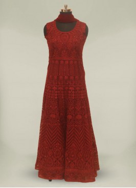 Maroon Color Net Stone Work Anarkali Gown