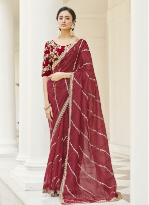 Maroon Color Organza Saree With Work Blouse