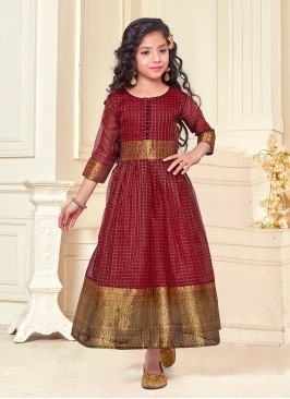 Maroon Color Organza Silk Little Girl Kurti