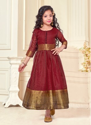 Maroon Color Organza Silk Little Girl Kurti