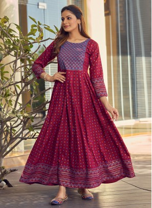 Maroon Color Rayon Anarkali Gown