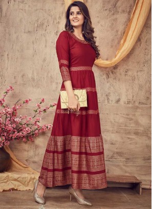 Maroon Color Rayon Casual Wear Gown