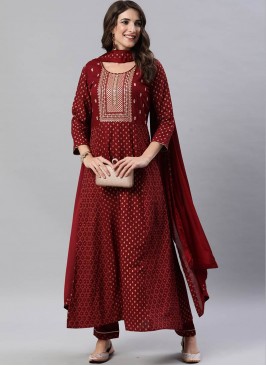 Maroon Color Rayon Embroidered Readymade Suit