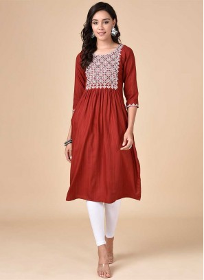 Maroon Color Rayon Embroidered Work Kurti