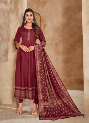 Maroon Color Rayon Festive Wear Gown