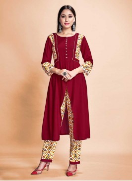 Maroon Color Rayon Kurti With Bottom