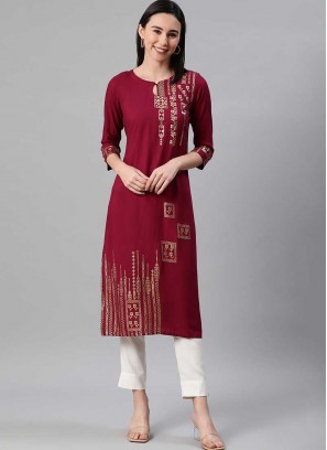 Maroon Color Rayon Kurti With Bottom