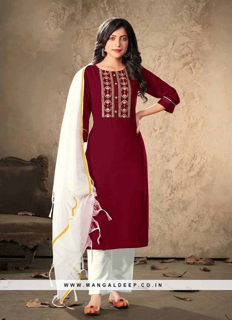 maroon color rayon ladies suit 38647