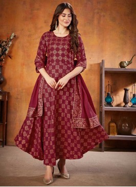 Maroon Color Rayon Printed Anarkali Suit