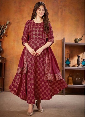 Maroon Color Rayon Printed Anarkali Suit