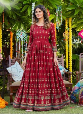 Maroon Color Rayon Printed Festive Wear Gown