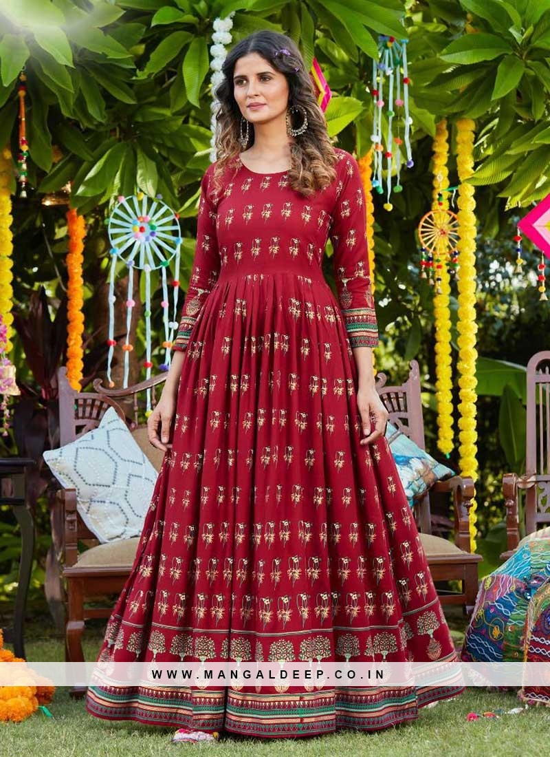 Maroon Color Rayon Printed Festive Wear Gown