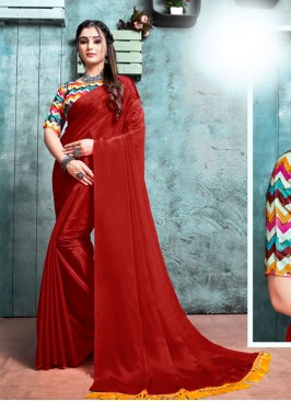 Maroon Color Saree With Printed Blouse