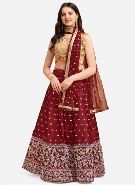 Maroon Color Satin Embroidered Lehenga