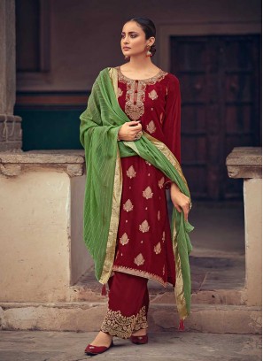 Maroon Color Silk Embroidered Adorable Suit