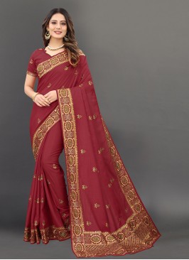 Maroon Color Silk Embroidered Wedding Wear Saree