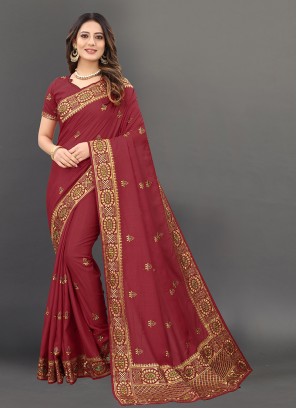 Maroon Color Silk Embroidered Wedding Wear Saree