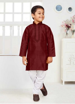 Maroon Color Silk Little Boy Kurta Set