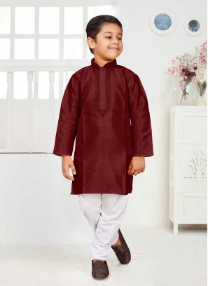 Maroon Color Silk Little Boy Kurta Set