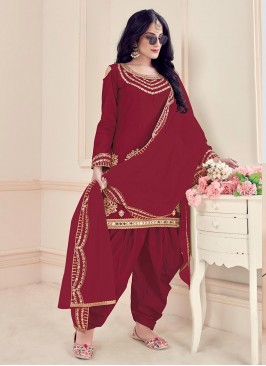 Maroon Color Silk Mirror Work Punjabi Suit
