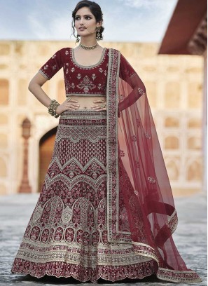 Maroon Color Velvet Bridal Wear Lehenga