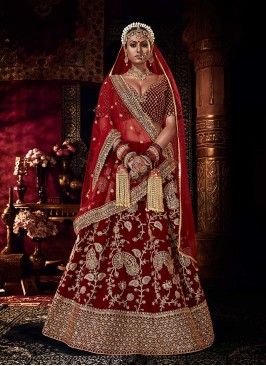 Maroon Color Velvet Embroidered Bridal Lehenga