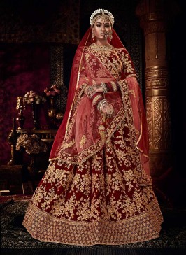 Maroon Color Velvet Embroidered Bridal Lehenga