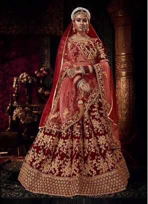 Maroon Color Velvet Embroidered Bridal Lehenga