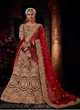 Maroon Color Velvet Embroidered Bridal Lehenga