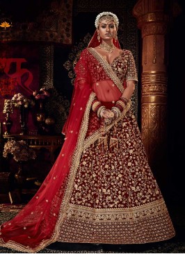 Maroon Color Velvet Embroidered Bridal Lehenga