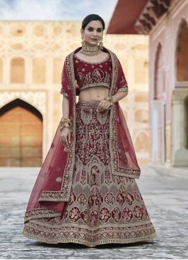 Maroon Color Velvet Lehenga For Bridal