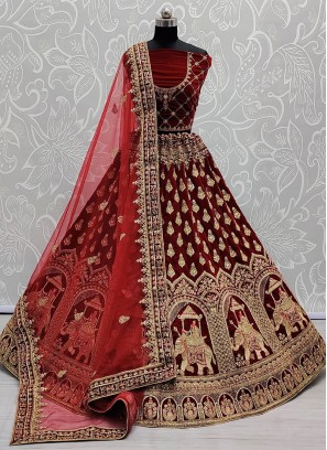 Maroon Color Velvet Lehenga For Bridal