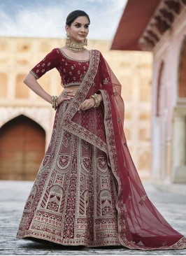 Maroon Color Velvet Wedding Lehenga Choli