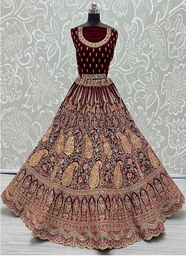 Maroon Color Zari Work Lehenga For Bride