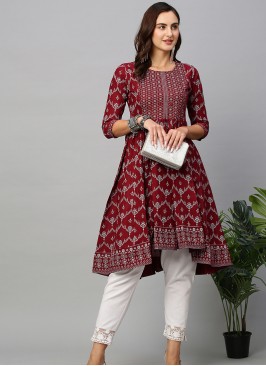 Maroon Cotton Ethnic Motifs Anarkali Kurta