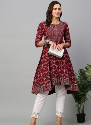 Maroon Cotton Ethnic Motifs Anarkali Kurta