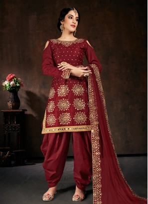Maroon Cotton Mirror Designer Patiala Salwar Kameez