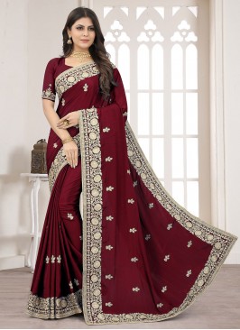 Maroon Crepe Silk Resham Trendy Saree